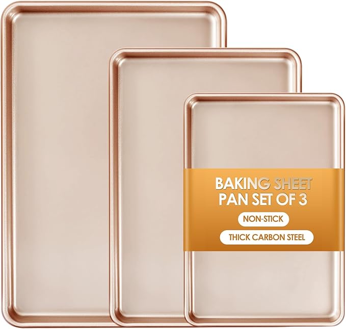 Baking Sheet Pan Set of 3, Nonstick Commercial Cookie Sheets for Baking | Commercial Half/Quarter/Jelly Roll Pans Replacement Toaster Oven Tray, Heavy Duty & Easy Clean