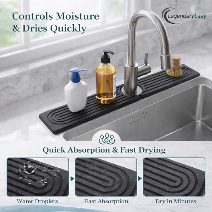 Diatomite Faucet Mat for Kitchen Sink, Fast Dry Stone Sink Splash Guard, Water Absorbing Faucet Tray (20” x 4”) – Fits Standard Faucets, Please Measure Sink & Faucet Before Purchase