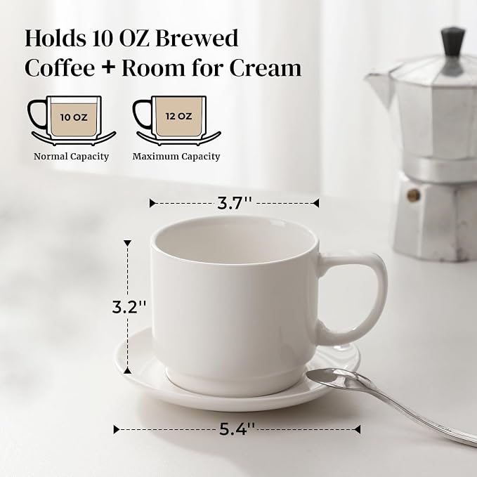 DOWAN 12oz Coffee Mugs, Cappuccino Cup and Saucer Set of 4, White Ceramic Coffee Cups for Latte/Tea/Milk, Tea Cups for Use in Office, Home and Cafes, Microwave Safe