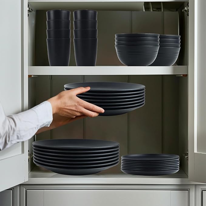 Wrova Wheat straw dinnerware sets of 40-10 inches plates,9 inches plates,6inches snack plate,26oz bowls,12oz cups - Unbreakable plates and bowls sets microwave safe and dishwasher safe. Black