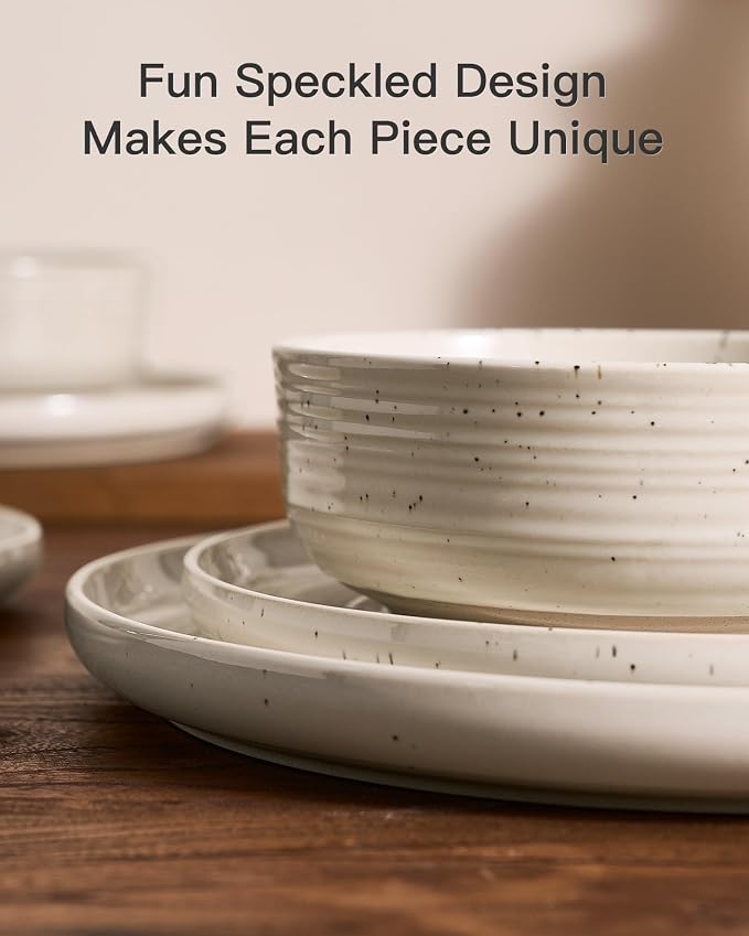 12-Piece Reactive Glaze Stoneware Dinnerware Sets for 4 - Coupe Plates and Bowls with Speckles & Spirals - Chip & Scratch Resistant, Microwave & Dishwasher Safe - Rustic, Shell Beige