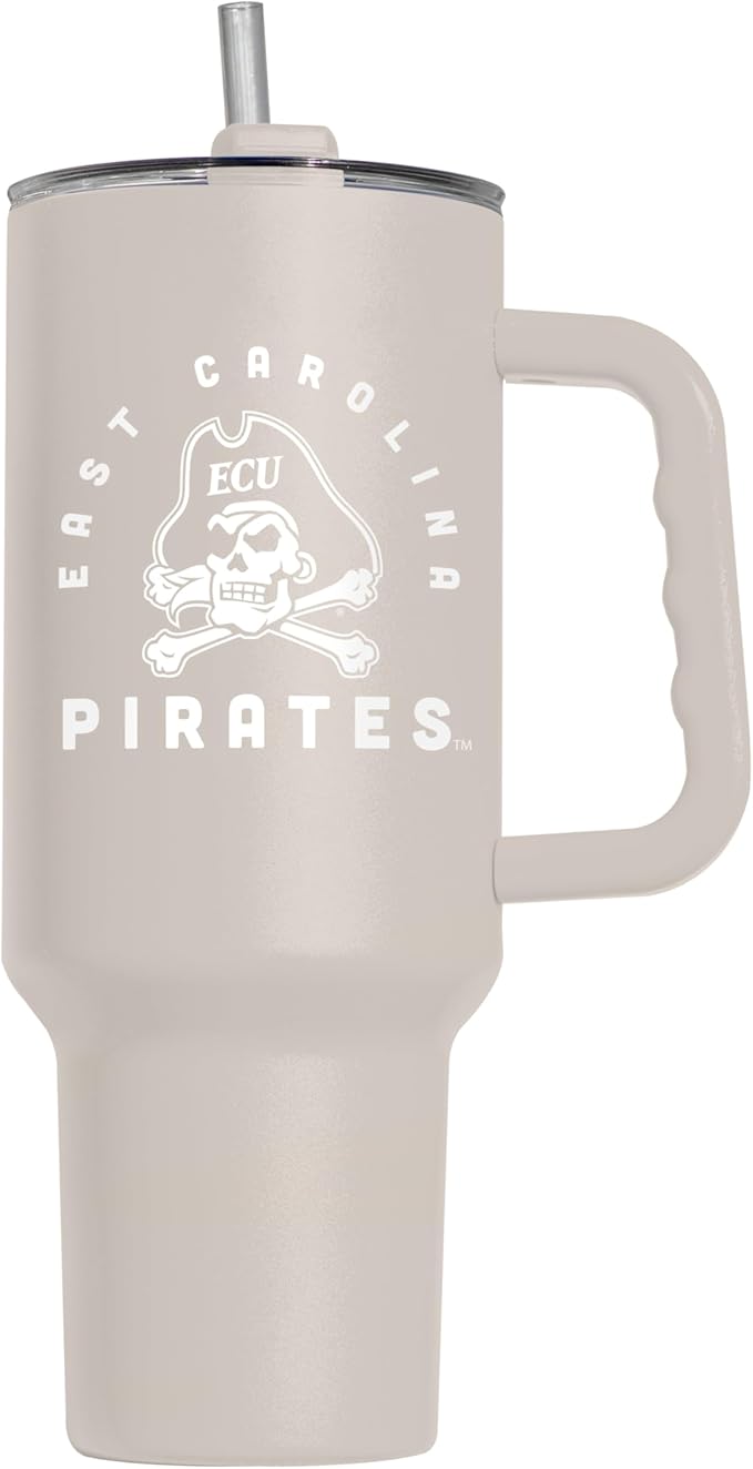 Logo Brands NCAA East Carolina Pirates Sand 40 oz Tumbler with Handle - Stylish Everyday Use Powder Coated-Stainless Steel with Straw- Keeps Cold For Hours