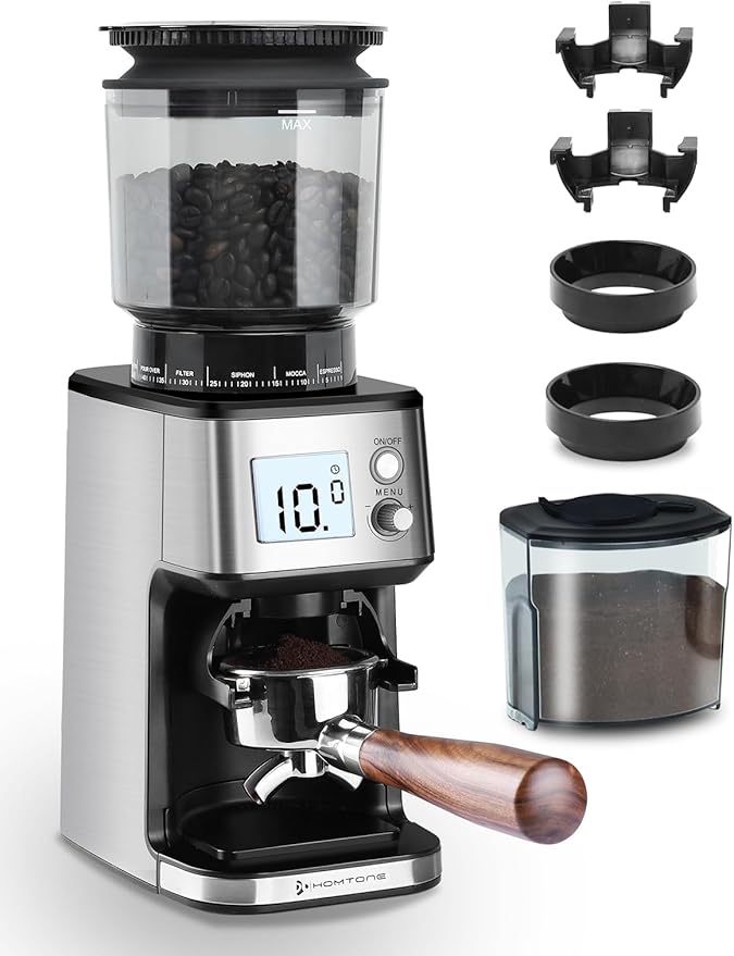 Homtone Conical Burr Espresso Coffee Grinder – 51mm Stepless Electric Bean Grinder with Grind Settings, Precision Timer, Stainless Steel Mill with Portafilter Holders, Anti-Static for Drip/Moka