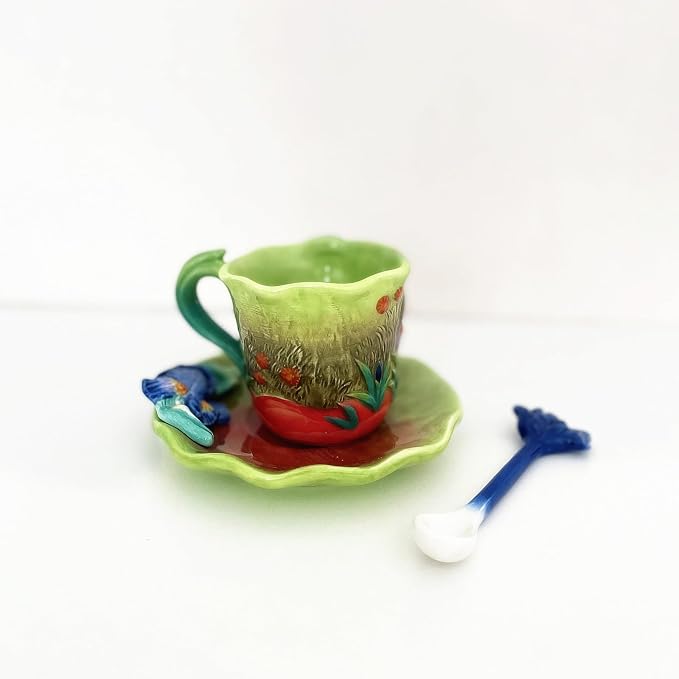 Ceramic Lrises Flower Coffee Mug and Saucer set with Spoon,3D Handmade and Hand-painted Tea Mug, 6OZ