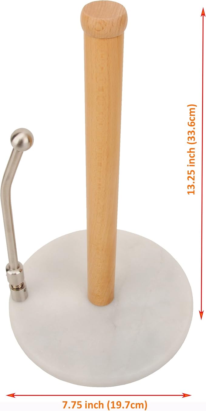 Spiretro Elegant Marble & Wood Paper Towel Holder – Real White Marble Base, Natural Wood Rod & Stainless Steel Tension Arm – Jumbo Roll Compatible – 7.75" W x 7.75" D x 13.25" H