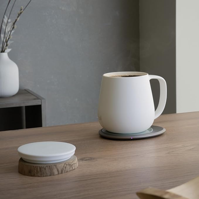 OHOM Ui+ Self-Heating Mug Set – Jasmine White | 18 fl oz / 532 mL Ceramic Coffee & Tea Mug Set with Heating Pad