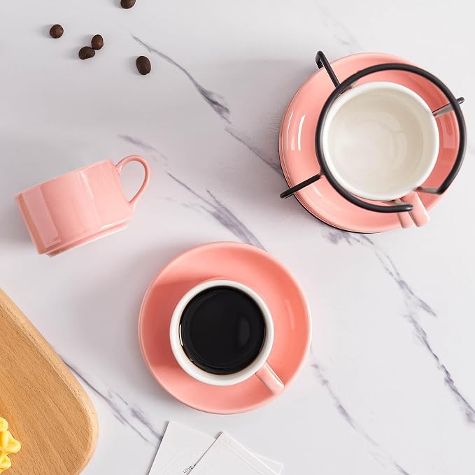2.5oz Espresso Cups Set of 4, Porcelain Stackable Espresso Cups with Saucers and Metal Stand Set, Pink Expresso Shots Cup Set