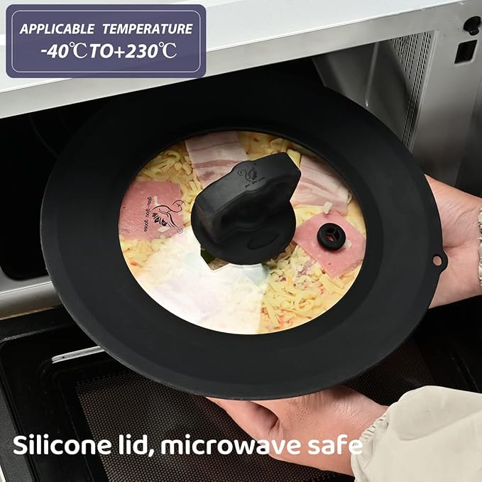 Set of 2 Vented Tempered Glass Universal Lid for Pot Pan Skillet with Heat Resistant Silicone Microwave Safe Splatter Lid Cover Fit 8” 8.5” 9“ and 9.5“ 10” 10.5“ 11”, Black
