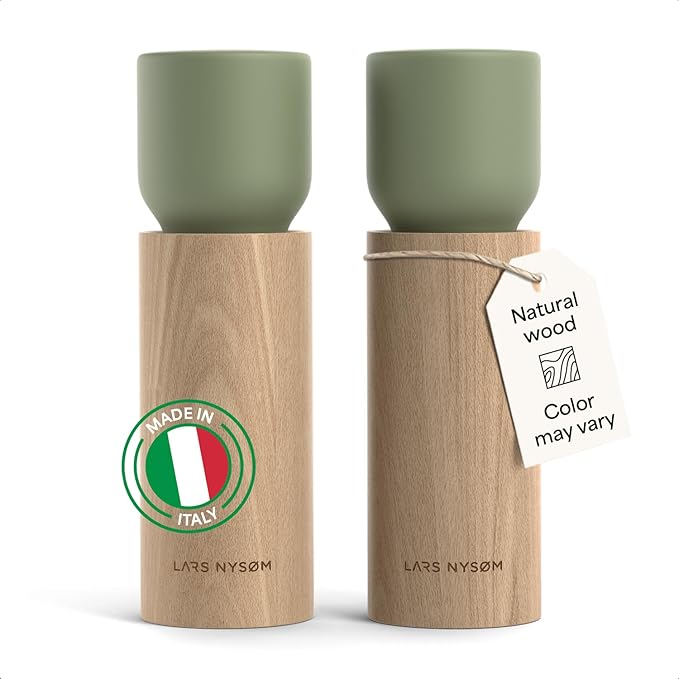 LARS NYSØM Wooden Salt and Pepper Grinder Set Manual - Salt and Pepper Mills with Adjustable Ceramic Grinder - Elegant Beechwood Pepper and Salt Mill Set for Dining Table (Sage Green)