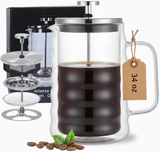 Large Wavy Glass French Press Coffee Maker 34oz – Double-Wall Borosilicate Coffee Press with Stainless Steel Filter – Manual Coffee Brewer & Tea Press – 1 Litre Glass French Press