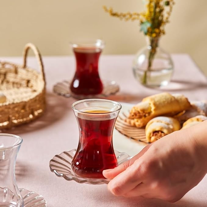 Karaca Luna 12-Piece Turkish Tea Cups for 6 People, 4.4 fl oz Turkish Tea Glasses Set with Elegant Light Brown Glass Saucers