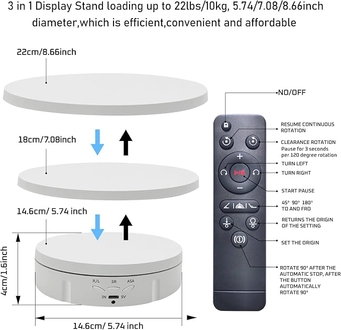 JAYEGT 3in 1 Motorized Rotating Display Stand with 5.74 /7.08/ 8.66 inch Replacement Cover，Max 22lbs Load , 360 Electronic Turntable for Photography Products (3 in1 / White/ With Remote controller)