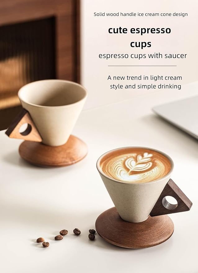 250ML- Retro ceramic coffee mug, Creative Cone coffee cup set for women elegant small- Solid wood handle and coaster - Suitable for home, restaurant, party and office use. (light brown handle)