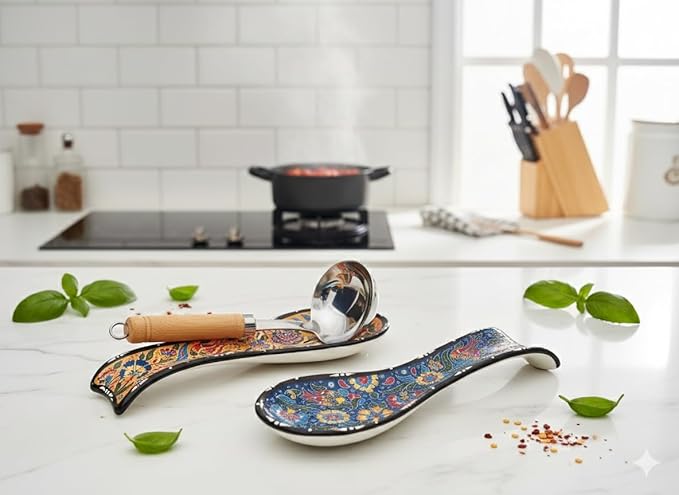 Handcrafted Turkish Ceramic Spoon Rest Set of 2-9" Large Spoon Holder for Stove Top - 100% Lead-Free & Heat Resistant - Decorative Ottoman Tulip Patterned Utensil Rest - Dishwasher Safe