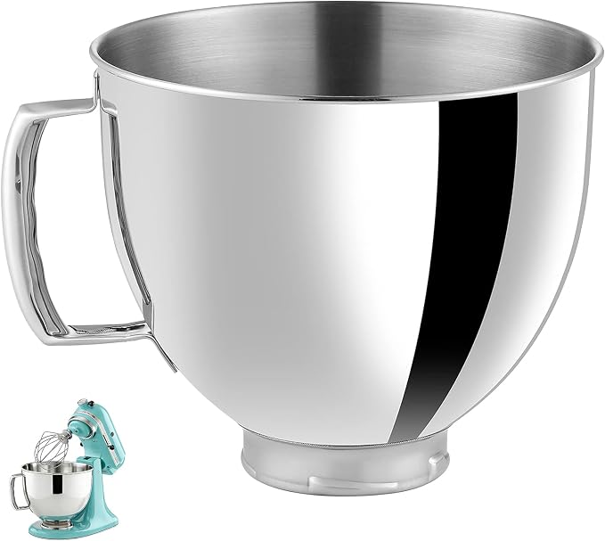 5QT Stainless Steel Mixer Bowls with Handle Fit for KitchenAid 4.5 & 5-Quart Tilt-Head Stand Mixers Replacement/Accessories Bowl for Mixer Dishwasher Safe Oven Safe Easy to Clean Polished