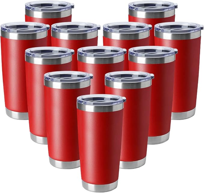 HASLE OUTFITTERS 20oz Tumblers Stainless Steel Mugs with Lid Double Wall Vacuum Insulated Coffee Cups for Cold & Hot Drinks (20oz-Red, 12 Pack)