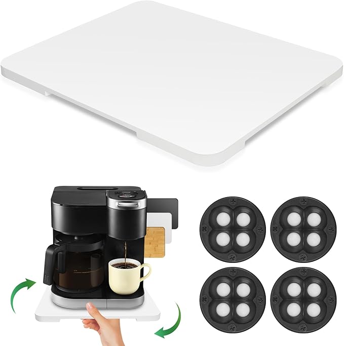 360° Rolling Tray Bamboo Appliance Slider for Kitchen Appliances, Coffee Maker Mat Tray for Countertops Sliding Tray for Coffee Maker Appliances Mat Easily from Under The Cabinet White 11.6×13.9
