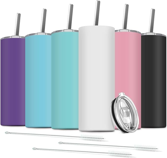 6 Pack Stainless Steel Skinny Tumbler, 20 OZ Double-Insulated Water Tumbler Cup with 6 Straw and 3 Brush, Vacuum Travel Mug Gift for Hot Cold Drinks with Cleaning(Assorted Colors)