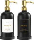 Kitchen Soap Dispenser Set – 16.8oz/500ml Glass Hand and Dish Soap Dispenser with Stainless Steel Pumps & Non-Slip Silicone Base, Luxury Countertop Decor for Home, Airbnb, Hotel (Black & Gold)