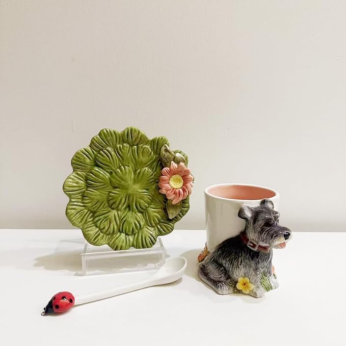 Ceramic Animal Coffee Mug Cup and Saucer Set，200ML(6.8OZ) 3D Hand-painted Tea Cup with Spoon (Grey)