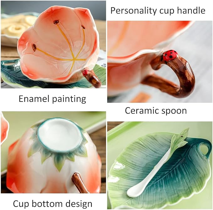 WAYUTO 3D Ceramic Coffee Mug and Saucer Set with Spoon Sunflower Coffee Mug Tea Cup with Decorative Handle Vintage Floral Drinking Cups Unique Gifts for Birthday Wedding Christmas 6oz Yellow
