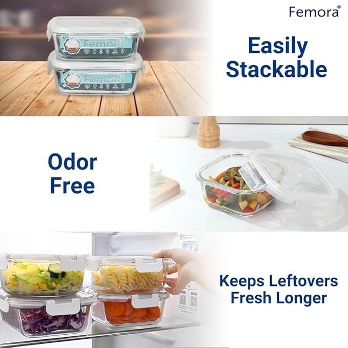 Femora Borosilicate Glass Microwave Safe Mini Square Container with Air Tight Air Vent Lid, 180ML, Set of 3, Clear