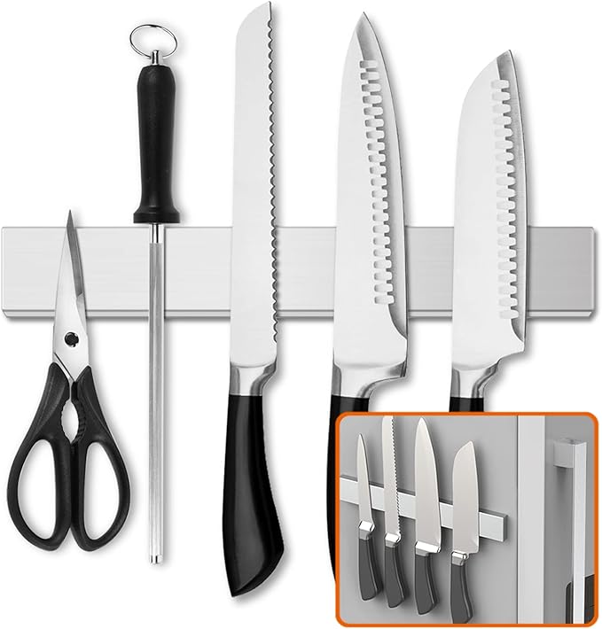 Fridge Applicable 12 Inch Double Sided Magnetic Knife Holder - Stainless Steel Knife Strip With Powerful Magnetic Pull Force - Use as Kitchen Knife Holder, Knife Rack & Tool Holder - Silver
