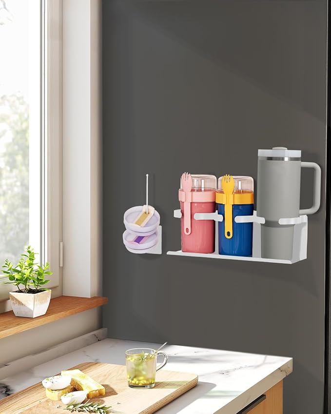 HAMARA Fiber Steel Magnetic Stanley Cup Holder for Fridge – 2-Pack Tumbler & Lid Organizer, Heavy-Duty Water Bottle Storage, Kitchen & Pantry Organizer for Stanley Cup Accessories (White)