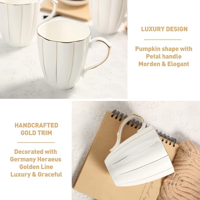 DUJUST Coffee Mug Set of 4(13.5oz), Luxury British Design with Handcrafted Golden Trims, 1st-Class Bone-china White and Gold Cup Set for Coffee, Tea&Milk, Beautiful&Graceful Top Fine Porcelain Cups