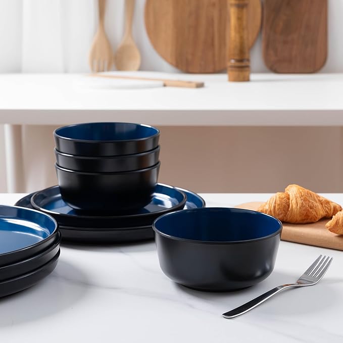 Melamine Dinnerware Sets, 12 Pcs Unbreakable Plates and Bowls Set, Outdoor Dinnerware RV and Camper Dishes Sets for 4, Kitchen Dishes Set for Entertaining, Black and Blue