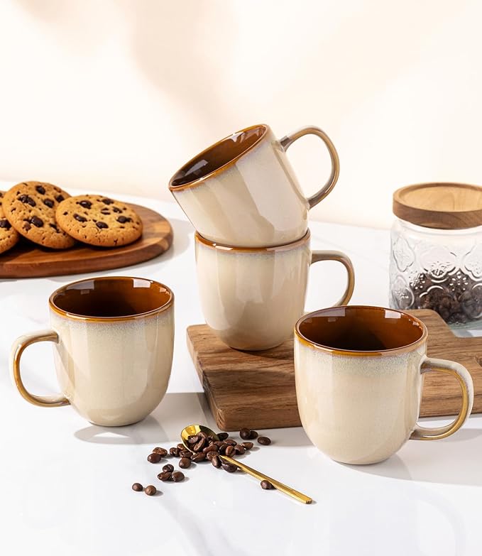 LERATIO Ceramic Coffee Mugs Set of 6,12oz Handmade Coffee Mugs Set with Large Handle for Cappuccino/Latte/Tea/Hot Cocoa, Dishwasher & Microwave Safe-Pale Kahki