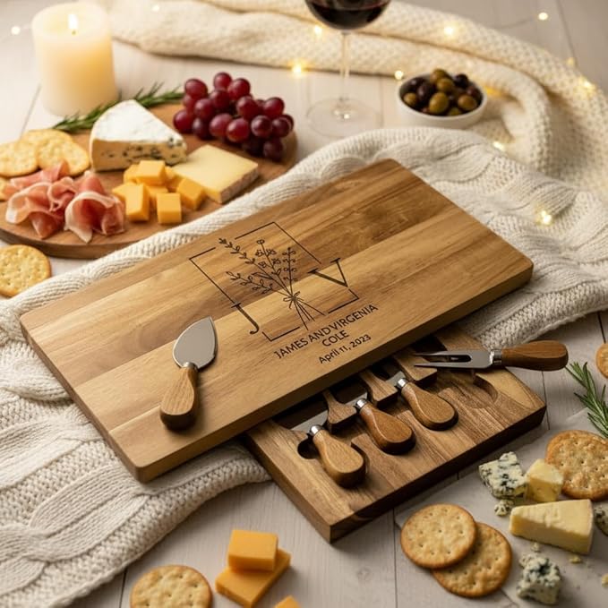 Personalized Charcuterie Board with Cheese Knives - Custom Engraved Cutting Board Set - Wedding Gift, Anniversary, Houswarming Gift for Couple - Acacia Wood Cheese Tray with Drawers