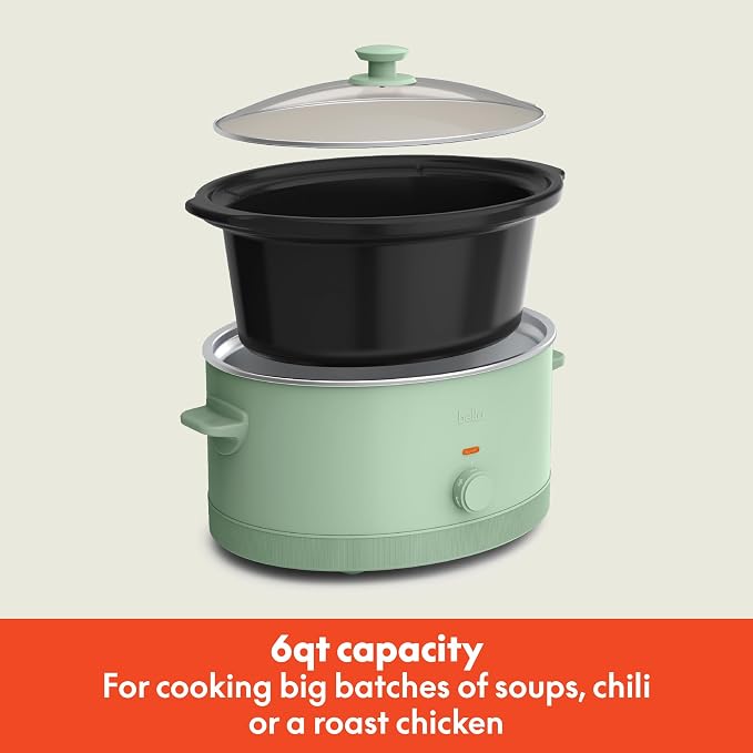 bella 6.0 Qt Manual Slow Cooker, Ceramic Nonstick Coating, 3 Temperature Settings, Dishwasher Safe Stoneware Pot and Tempered Glass Lid, Cool Touch Handles & Tangle Free Cord Wrap, Seaglass