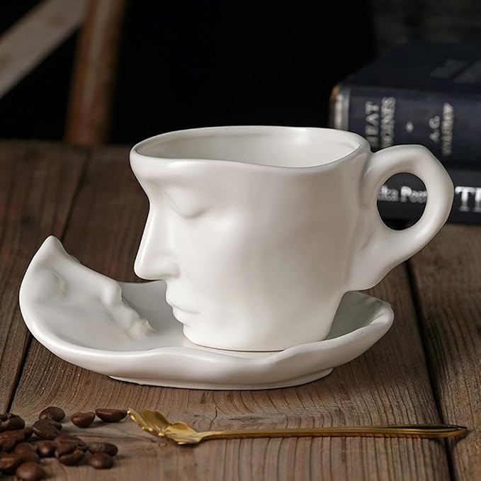 Human Face Ceramic Coffee Mug, 8.8oz/260ml Kissing Coffee Cup with Saucer Coffee Spoon, Tea Cup Milk Latte Espresso Cappuccino Juice Beverage Iced Tea Water Cups Drinkware (White)