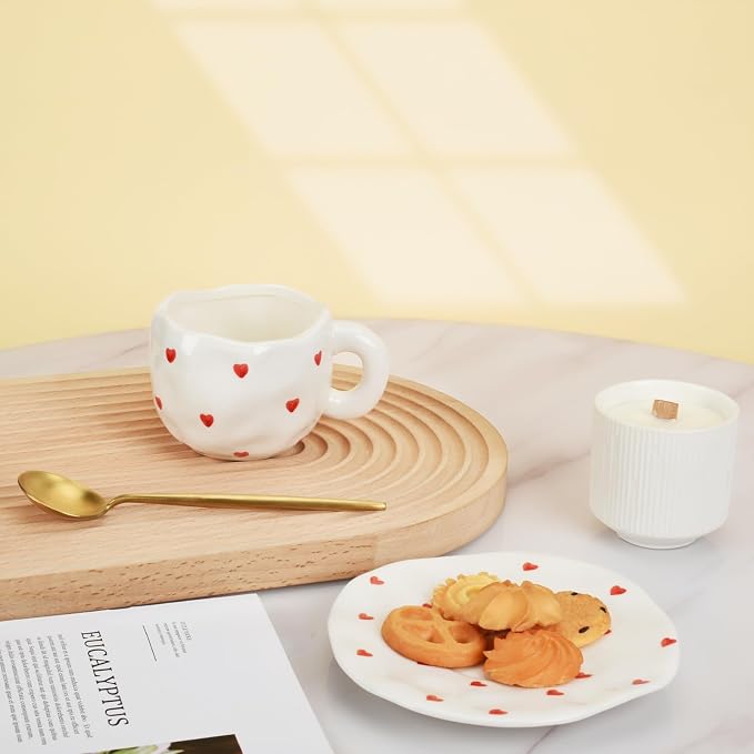 Koythin Ceramic Coffee Mug with Saucer, Cute Red Heart Cup for Women for Office and Home, Couple Cups for Girlfriends, 10 oz/300 ml for Latte Tea Milk (Small Red Heart)