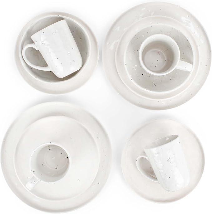 Elanze Designs Shiny Speckled Western Country Style Ceramic Plates Bowls Mugs Dinnerware 16 Piece Set - Service for 4, White