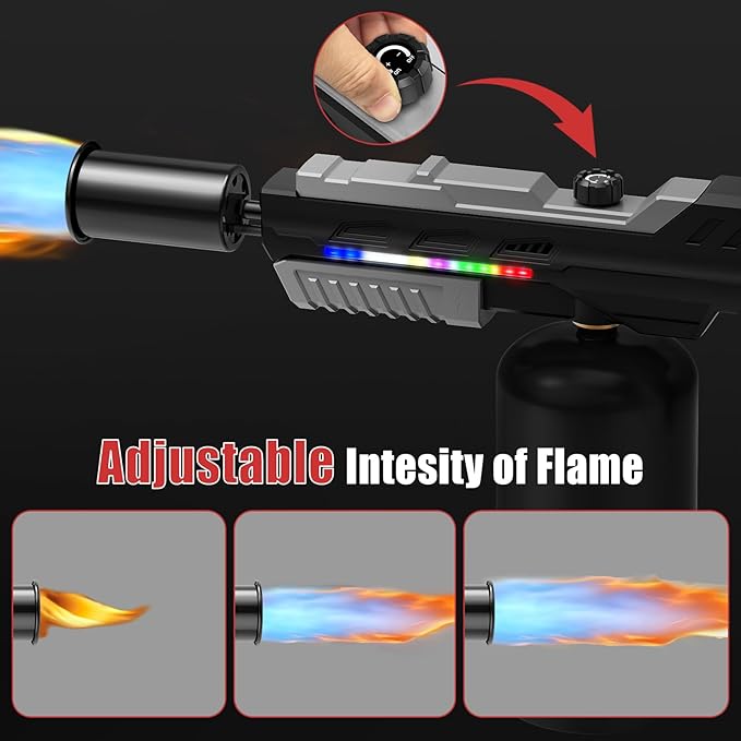 Powerful Propane Torch Gun with Front-Mounted LED Light | Adjustable Flame Thrower Gun, Flamethrower for Searing Steak, Charcoal Starter, BBQ and DIY(Propane Tank Not Included)