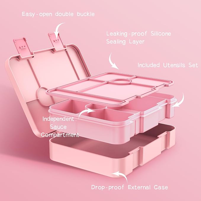DIGOBAY Girls Backpack - Kids Bento Box Set with Insulated Lunch Bag, Cutlery and Pencil Case, 6 Leak-Proof Compartments, Removable Tray for Girls, Teens School Picnic (Pink)