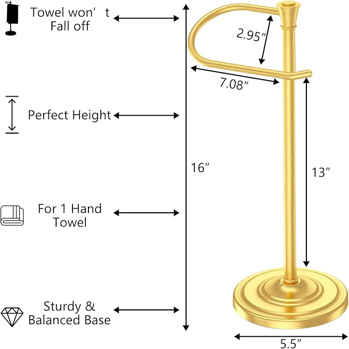 Brass Gold Bath Hand Towel Holder Stand,Stainless Steel 16 Inch Free Standing Towel Rack,Heavy Weight Towel Bar for Bathroom Vanity Countertop &Kitchen