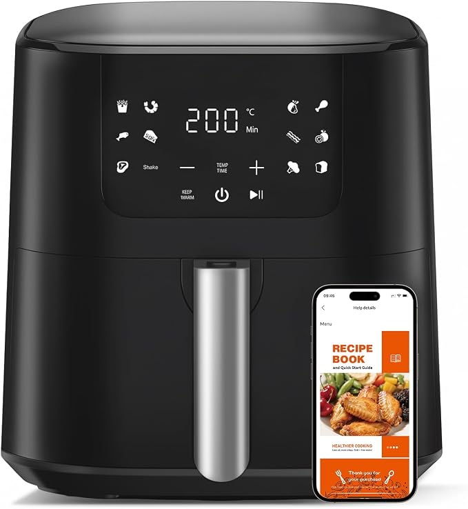 QIDO Air Fryer 8-in-1 with 5.5QT Capacity,180°-450°F Precision Heating, Air Fry, Roast, Broil, Reheats,Dehydrates, Less Oil, Features Shake Reminder, Large Touch Display with Auto Menus, Compact Black