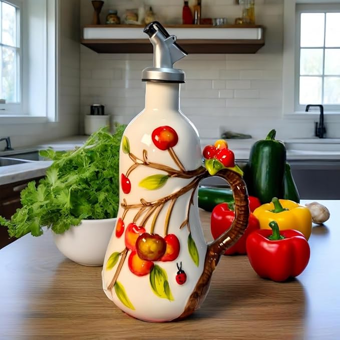 18.26oz/540ml Ceramic Olive Oil Dispenser Bottle,Hand Painted Reliefs Oil Dispenser for Kitchen,Oil Bottles for Kitchen (Cherry)