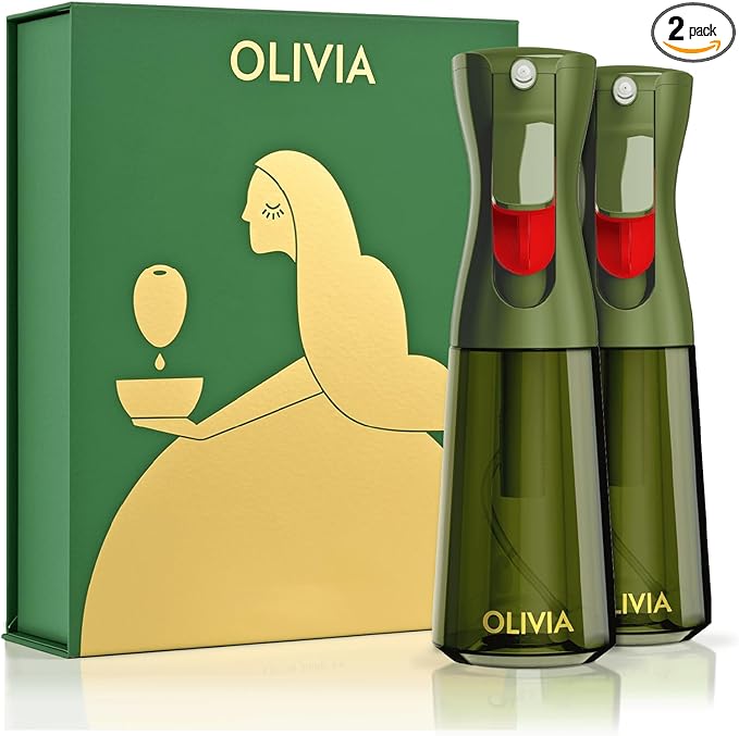 OLIVIA SIGNATURE Advanced Kitchen Oil Sprayer Technology, Fine Mist & Portion Control, Refillable Glass Olive Oil Cooking Spray Bottle for Air Fryer, Salad, BBQ, 2 Pack 200ml (Green)