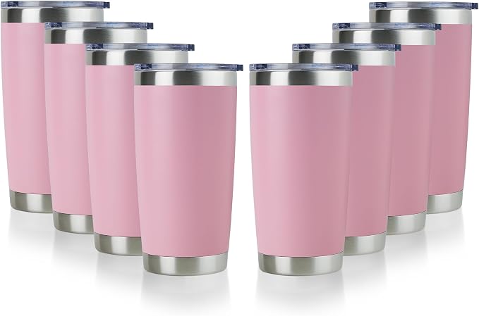 DOMICARE 20oz Stainless Steel Tumbler Bulk with Lid, Double Wall Vacuum Insulated Travel Mug, Powder Coated Coffee Cup, Pink, 8 Pack