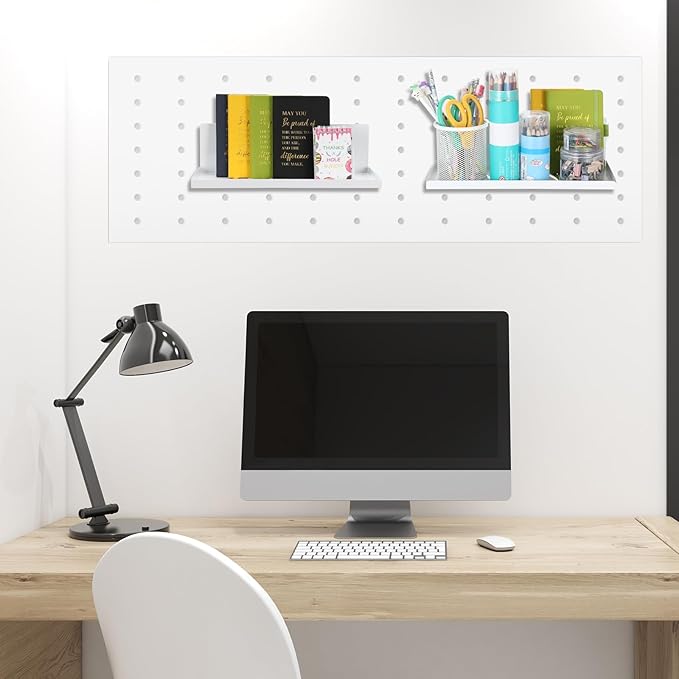 Therwen 4 Pack Magnetic Pegboard Shelves Wall Organizer Metal Pegboard Shelf Steel Tray Accessories Organizing Tools for Craft Home Kitchen(12 x 4.8 x 3.6 Inches,White)