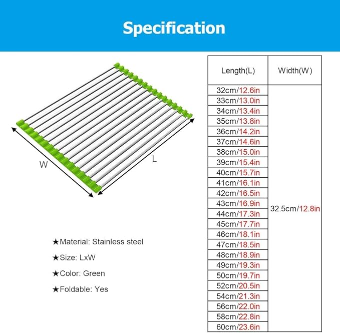 Roll Up Over The Sink Dish Drying Rack, 32-60CM Multipurpose Foldable Sink Cutting Board Dish Rack Mat for Kitchen Counter RV Camper Accessories Travel Trailer(Green,L 36cm/14.2in)
