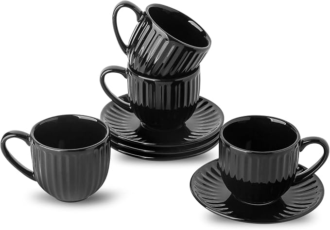 Hasense Ceramic Cappuccino Cups and Saucers - 8 Oz, Large Ribbed Coffee Mugs Set of 4 for Coffee,Tea,Latte and Macchiato, Demitasse Cups Set Aesthetic Gifty, Black