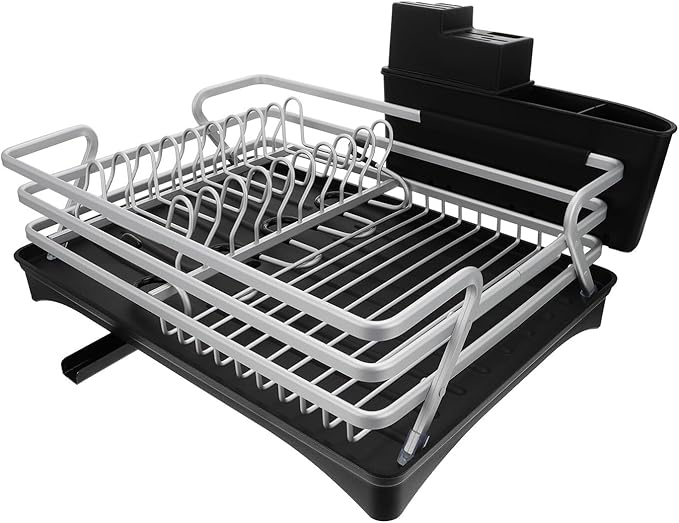 Garneck Multi-Function Aluminum Alloy Dish Draining Rack with Silver Frame and Black Base, Kitchen Storage Shelf for Dish Organization and Drying, Sink-Compatible Kitchen Organizer