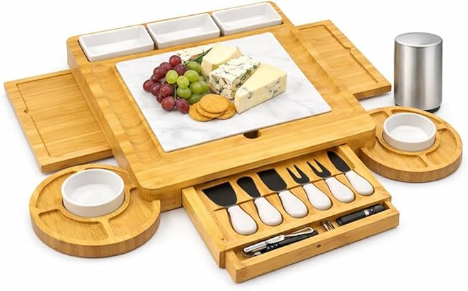 Charcuterie Board Set with Drawer & Bowls, Bamboo Cheese Board with Knife Set & Stainless Steel Bottle Opener, Large Serving Board for Entertaining, Housewarming & Wedding Gifts
