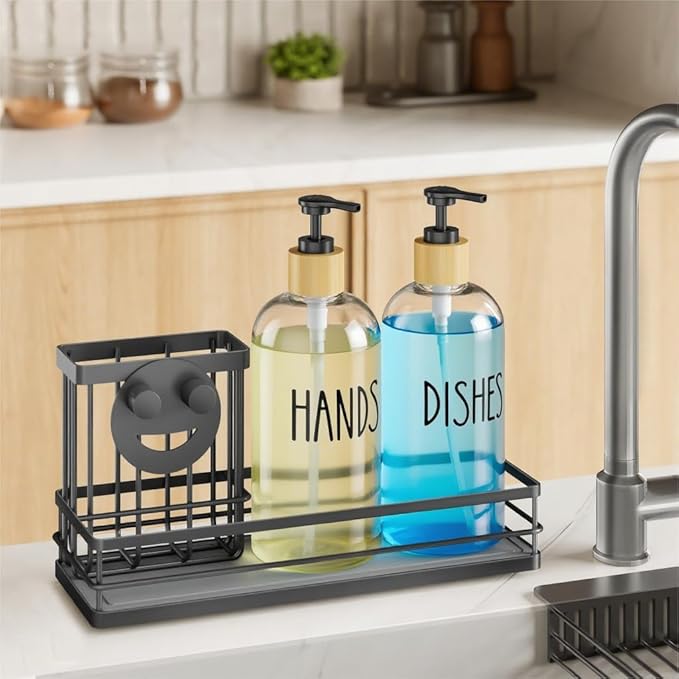 Moforoco Kitchen Dish Soap Dispenser Set, 16OZ Glass Bottle, Hand and Dish Soap Dispenser Set, Instant Dry Tray, Brush Holder with Smiley Face Sponge Holder (Black Tray+Clear Bottle)