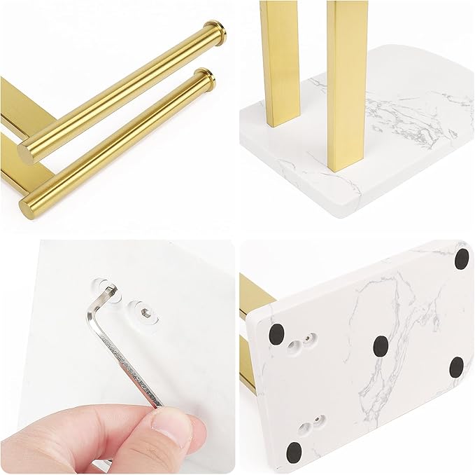 NearMoon Hand Towel Holder with Balanced Marble Base, SUS304 Stainless Steel Stand Towel Ring L Shape Hand Towel Rack Free-Standing Towel Bar for Bathroom Kitchen Countertop (Double Rod, Brushed Gold)